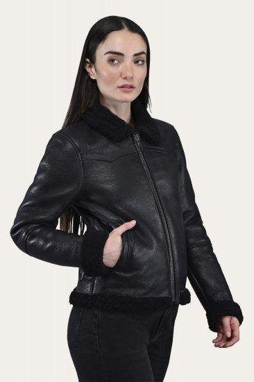 Frye Women's Leather Jacket With Sherling Collar And Cuffs - Women's Leather Jacket With Sherling Collar And Cuffs - Click Image to Close